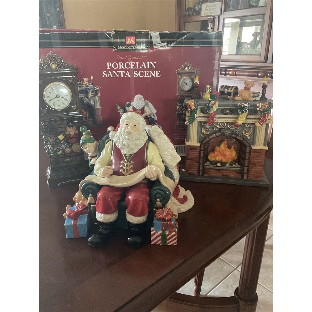 Large porcelain SANTA scene 2006 Santa Fireplace CLOCK FIGURES In Box